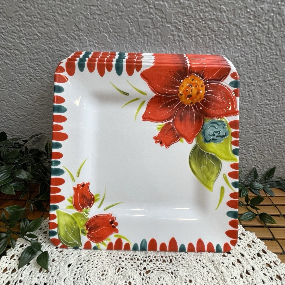 Set of 8 Plates Laurie Gates Melamine Plates Square Dinner Floral Red Poppy 11"